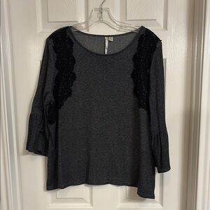 LC Lauren Conrad Charcoal Gray Blouse with Black Lace